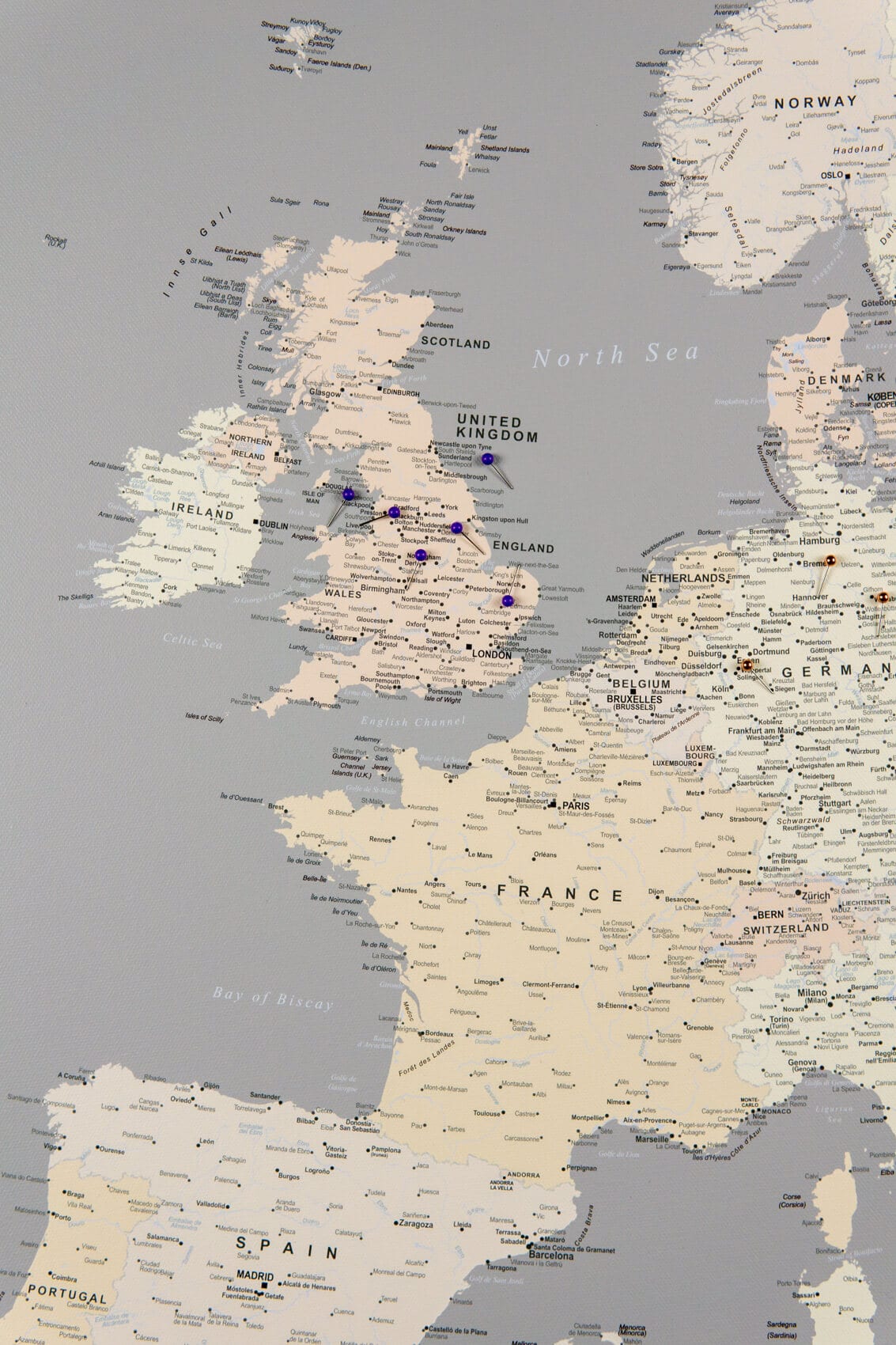 Europe Push Pin Map - Grey/Cream (Detailed) - Push Pin Travel Maps