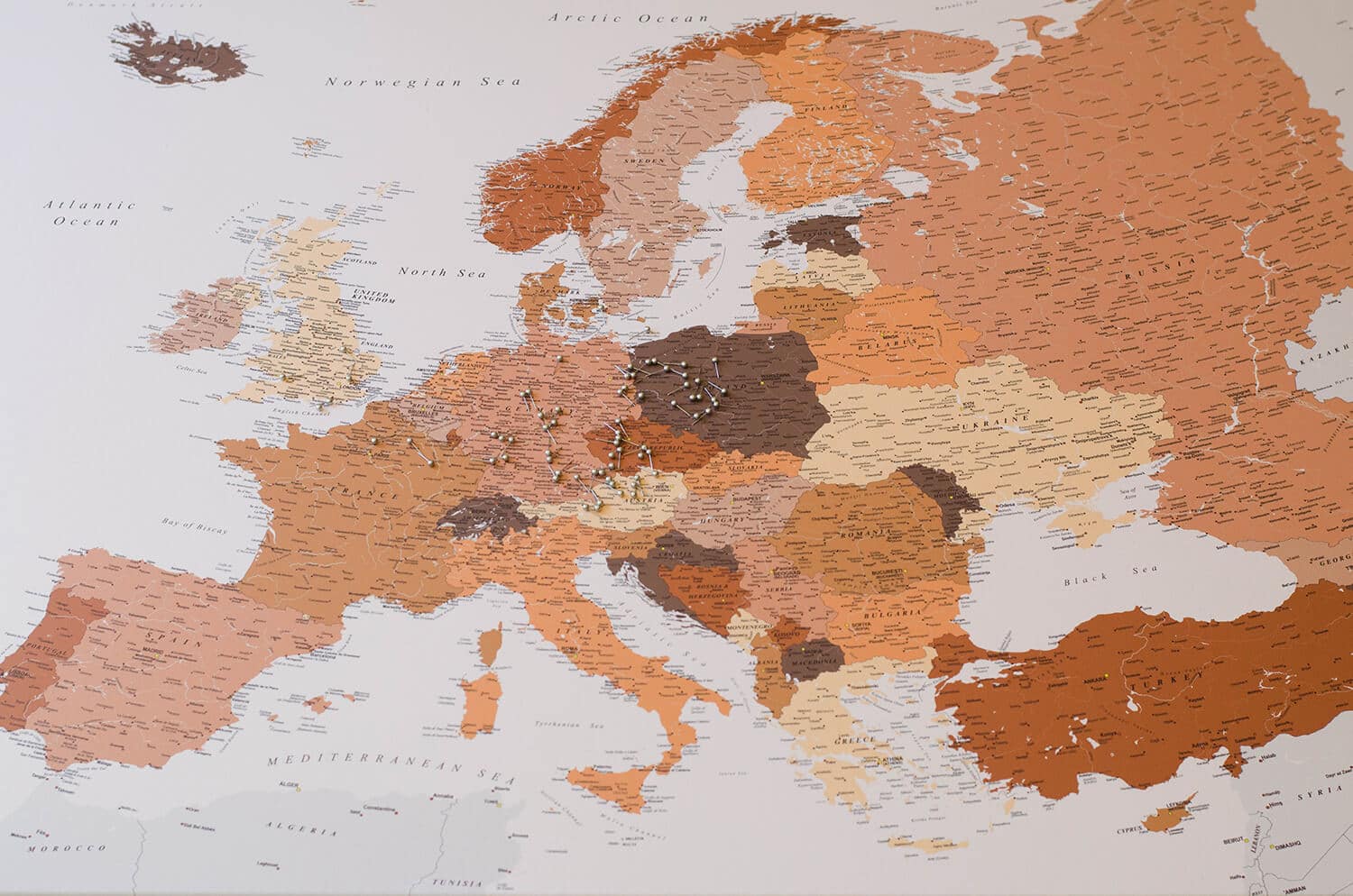 Europe Push Pin Map – Brown (Detailed) - Push Pin Travel Maps
